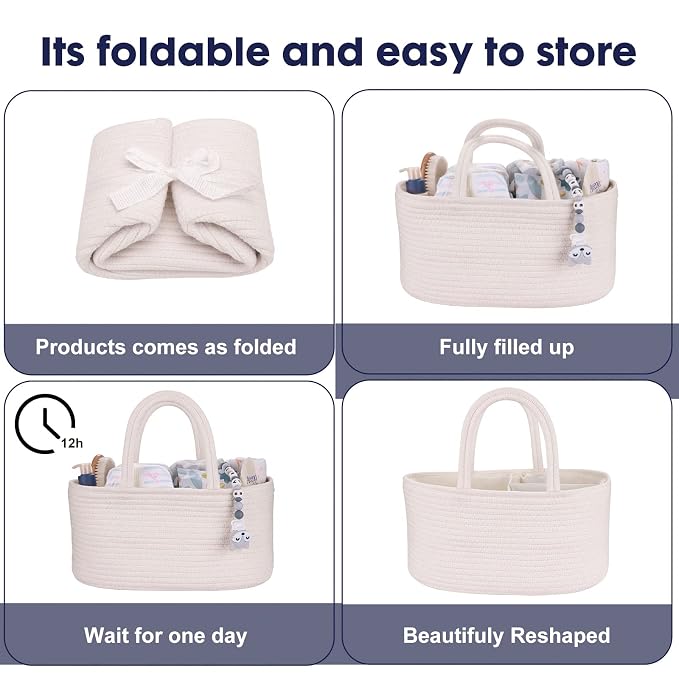 Baby Diaper Caddy Organizer for Girl Boy Cotton Rope Nursery Storage Bin Basket Portable Holder Tote Bag for Changing Table Car Travel Baby Shower Gifts Newborn Essentials Registry Must Haves White