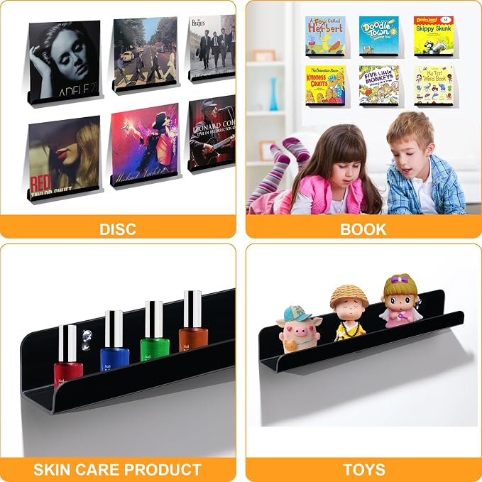Meaocer Vinyl Record Shelf Wall Mount, 6 Pack 12 inch Black Acrylic Album Record Holder Display, Kids Bookshelf, Floating Wall Shelves for Bathroom, Bedroom, Living Room, Kitchen, Office