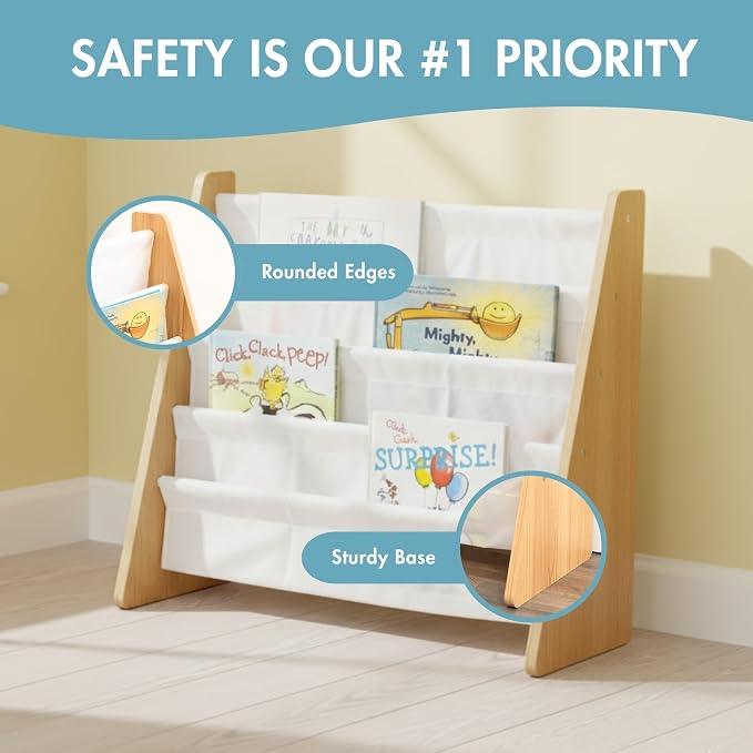 Humble Crew Kids Bookshelf, 4-Tier Front-Facing Book Display Organizer, Montessori Toddler Bookcase for Playroom, Bedroom & Reading Corner, Natural Wood/White