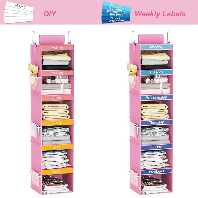 Fixwal Weekly Kids Clothes Organizer 6-Shelf Hanging Closet Storage Pink