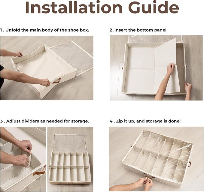 StorageWorks Underbed Shoe Storage Organizer for Closet, 2-Pack Under Bed Shoe Organizer with Bottom Support and Adjustable Dividers, Fits up to 24 Pairs, Beige