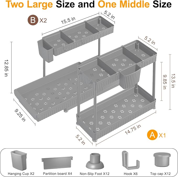 Sevenblue 3 Pack Multi-Purpose Pull-Out Storage Organizers, 2-Tier L-Shaped Under Sink/Cabinet Organizers and Storage for Bathroom & Kitchen,Grey,12.85 Inch