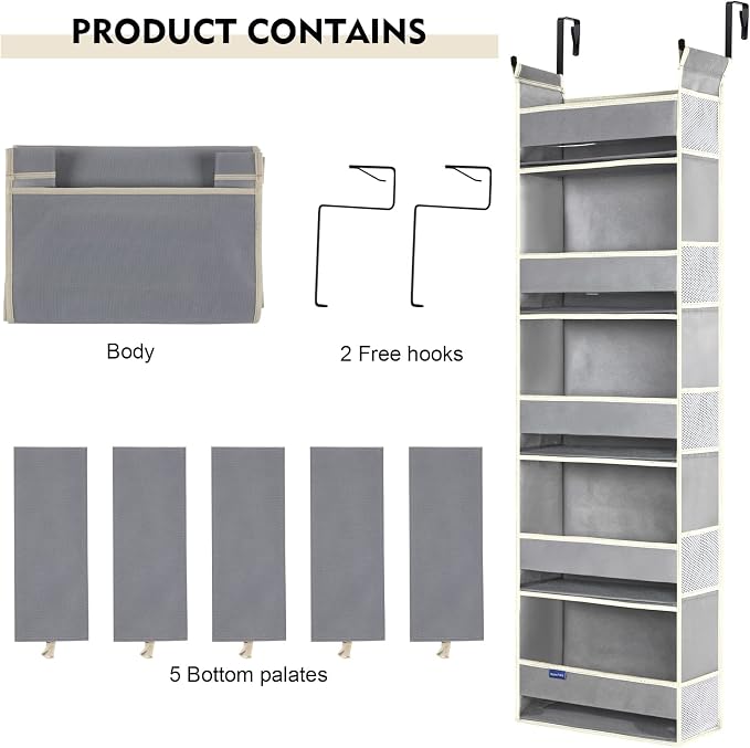 Over The Door Organizer 5-Shelves and 10 Side Pockets, Over The Door Storage for Bathroom Bedroom Nursery, Hanging Door Organizer for Baby Diapers and Kids Toys (13"x5"x44", Grey)