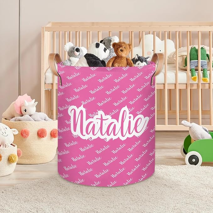 Personalized Laundry Basket, Custom Gift Laundry Hamper, Collapsible Nursery Waterproof Laundry Baskets, Dirty Clothes Toy Hamper with Handles Pink Name