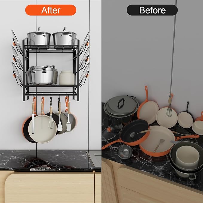 VyGrow 17 Inch Pot Rack Wall Mounted, 2 Tier Pots and Pans Organizer with 10 Hooks and 6 Pot Lid Holders, Heavy Duty Steel Pot and Pan Hanger for Kitchen Cookware Utensils Storage 24" Lx13 Wx20.5 H