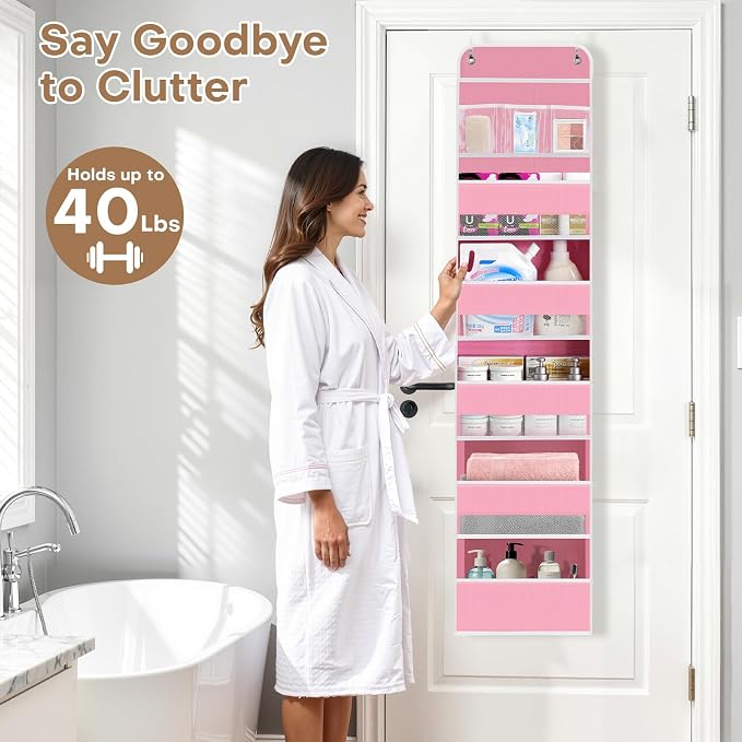 SpaceWhisper Over the Door Organizer, 6 Large Pocket Hanging Storage Organizer with 40lb Capacity, Space Saving for Nursery, Bathroom, Bedroom, Closet - Baby Essentials & Toiletry Organizer (Pink)