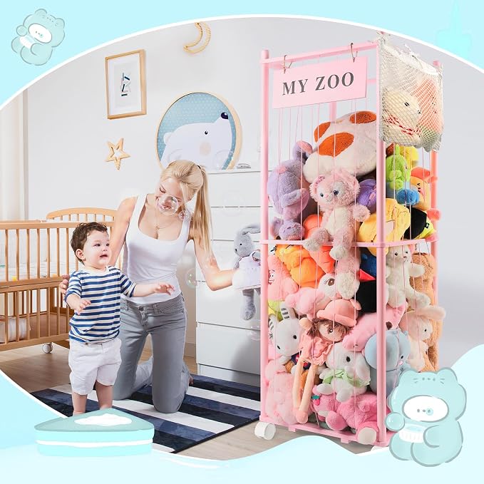 GLDZI Stuffed Animal Storage Zoo with Wheels, Wooden Stuffed Animal Organizer with Elastic Cords, Space Saving Toy Plushies Storage Holder for Playroom, Bedroom, Living Room(Pink, Large)