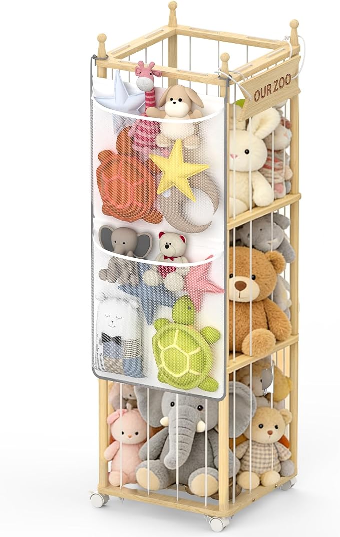Stuffed Animal Storage,Wooden Zoo Toy Organizer with Wheels & Hanging Net, Cute Plush Toy Display Stand for Kids Bedroom, Playroom & Nursery Decor, Perfect White Elephant Gift for Boys & Girls