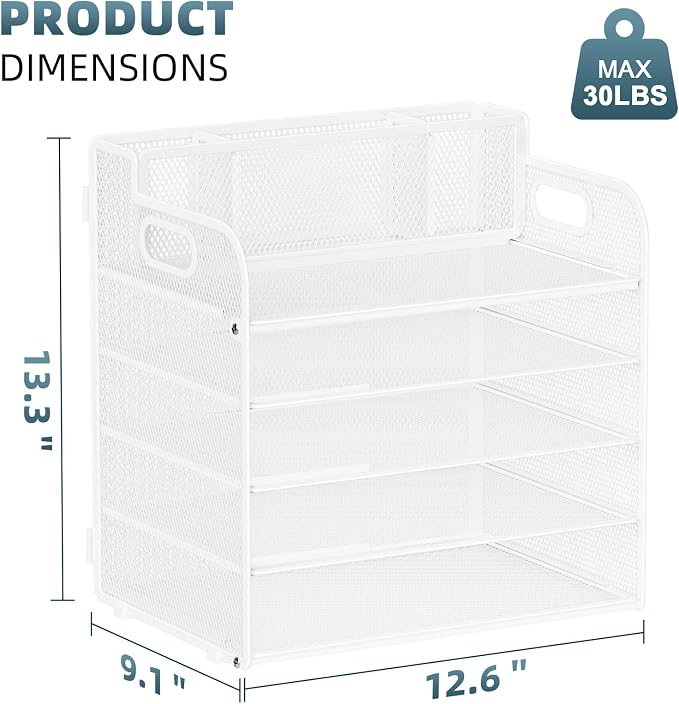 Marbrasse 5 Tier Paper Organizer Letter Tray, Mesh Desk File Organizer with Handle, Paper Sorter Desk Organizer for Home Office Supplies - White, with 3 Pen Holders