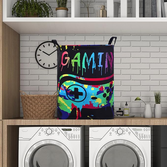 Zhehao 2 Pcs Gamer Laundry Basket Boys Kids Laundry Hamper Gamer Room Decor Gaming Storage Basket Hamper Clothes Organizer Nursery Toy Storage Bin for Gifts Bedroom Bathroom Decoration(Fresh)