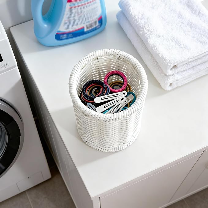 Rattan Jars, Cotton Pad Floss Jar Bathroom Vanity Desk Storage | Hand tight woven solid structure, lightweight & sturdy,Waterproof, easy wipe & rinse clean,fit vanity countertop & washstand