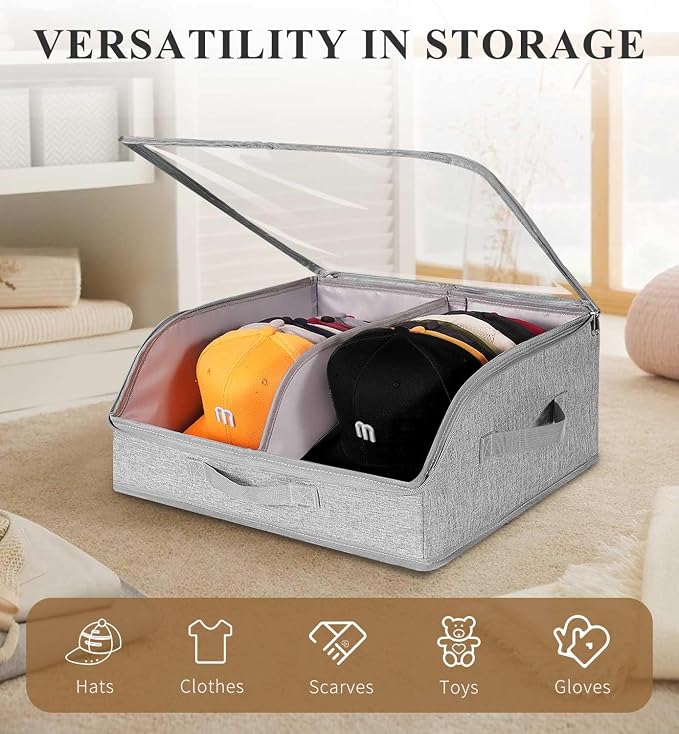 Hat Organizer for Baseball Caps, 2 Compartments Clear Window Hat Storage Box for Closet Hold Up to 24 Caps, Hats Holder Container with Sturdy Cardboard for Home Storage | Gray