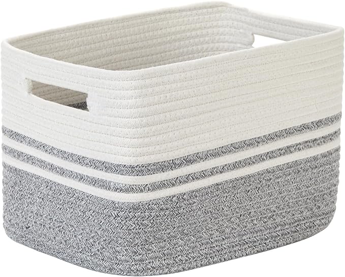 Temary Woven Storage Baskets, Set of 3 Rope Baskets for Storage Clothes, Towels, Versatile Boho Storage Bins (White&Grey, 13"x9.8"x8.5")