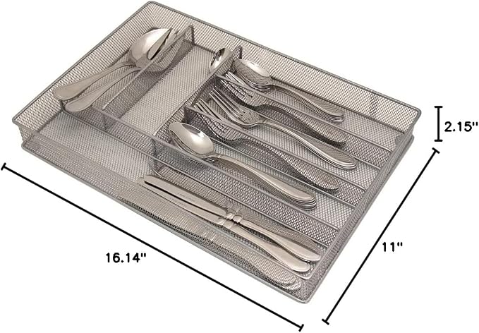 Mesh Large Cutlery Tray with Foam Feet - 6 Compartments - Kitchen Organization/Silverware Storage Utensil Flatware Tray
