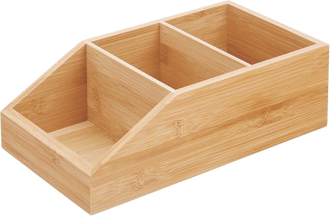 mDesign Bamboo Wood Compact Bathroom Storage Organizer Bin Box - 3 Divided Sections - Cabinets, Shelves, Countertops, Bedroom, Kitchen, Laundry Room, Closet, Garage - Natural/Tan