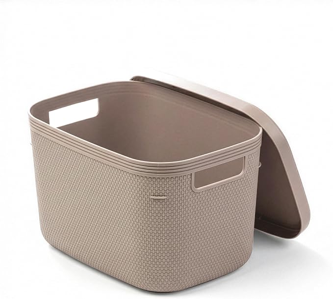 BINO | Plastic Storage Bins with Lids, 5.5 Liter - 3 Pack, Taupe | THE TWILL COLLECTION | Plastic Bins for Organization | Woven Storage Baskets for Organizing | Pantry Shelf Organizer Basket Bin