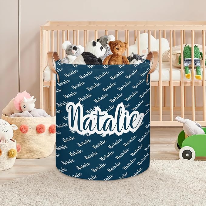 Personalized Laundry Basket, Custom Gift Laundry Hamper, Collapsible Nursery Waterproof Laundry Baskets, Dirty Clothes Toy Hamper with Handles Name Dark Blue