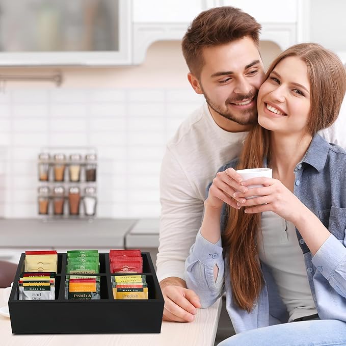Tea Bag Box Black 6 Compartments Tea Organizer Storage Wood Drawer Station | Tea Bag Holder Large Sugar Packet Holder Coffee Bar Station Sweeteners Condiment Organizer Tea Bag Organizer Caddy