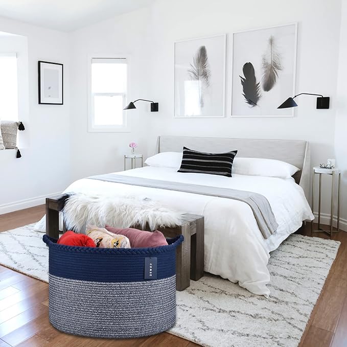 COMSE Extra Large Blanket Basket, Woven Laundry Basket, 21.7”x 13.8”, Nursery Hamper, Cotton Rope Laundry Hamper Living Room for Storage Toys Clothes Towels (Navy Blue)