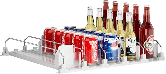 Drinks Organizer for Fridge and Pantry, Soda Can and Bottle Dispenser for Refrigerator with Automatic Pusher Glide, 5 Rows Holds Up to 25 Cans
