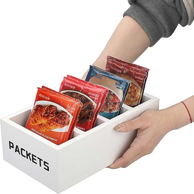 BSTKEY Seasoning Packet Organizer, Food Packet Storage Organizer with 4 Compartments, White Wooden Storage Caddy for Kitchen Pantry Cabinet, Farmhouse Kitchen Organization Bins for Snack Spice Packets