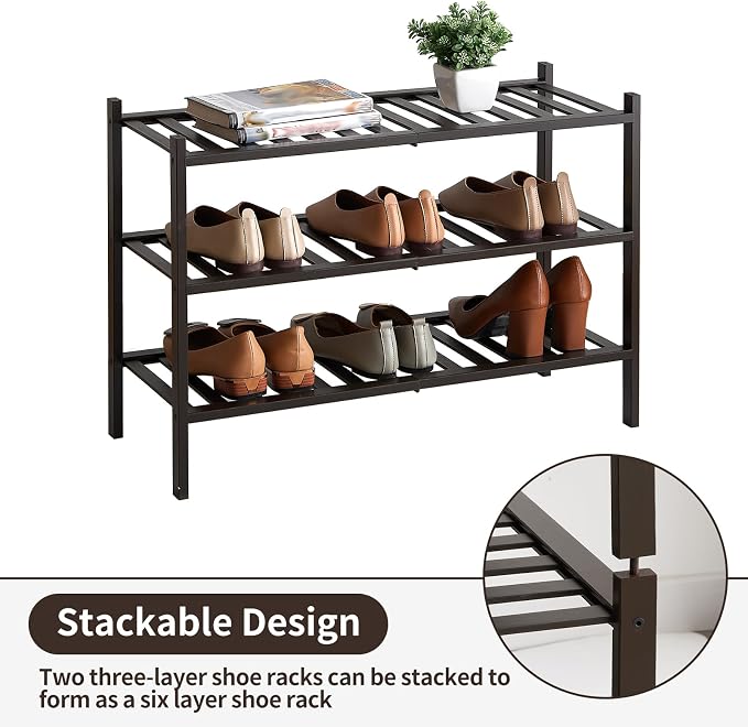 Shoe Rack, 3-Tier Bamboo Stackable Shoe Shelf Storage Organizer, Shoe Stand for Closet, Entryway and Hallway