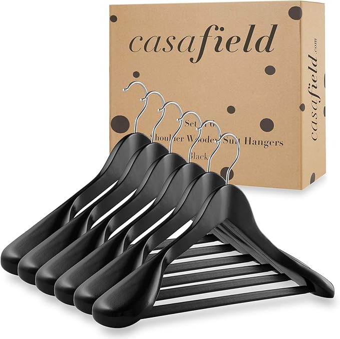 Casafield - 6 Black Wide Shoulder Wooden Suit Hangers - Premium Lotus Wood, Non-Slip Pant Bar & Chrome Swivel Hook for Dress Clothes, Coats, Jackets, Pants, Shirts, Skirts