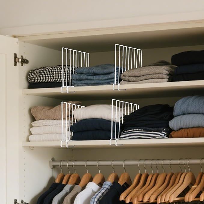 8-Pack 9“ Tall Metal Shelf Dividers for Closet Organization, Wardrobe, Bookshelf, Cabinet, Cupboard - Closet Shelf Dividers - Easy to Install - No Tool - White PE Coating Steel