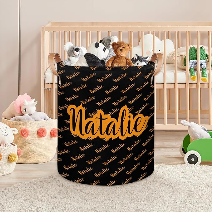 Personalized Laundry Basket, Custom Gift Laundry Hamper, Collapsible Nursery Waterproof Laundry Baskets, Dirty Clothes Toy Hamper with Handles Name Black Orange