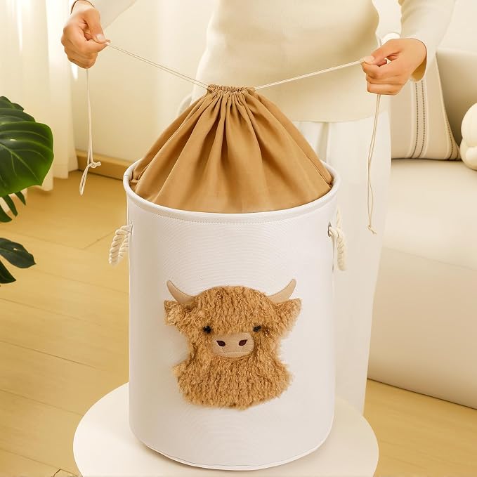 Kids Laundry Basket Nursery Hamper Baby Laundry Basket Stuffed Animal Toys Storage Baskets for Toddler Room Decor, Dirty Clothes Hampers with Drawstring Closure for Bedroom/Living Room, Highland Cow
