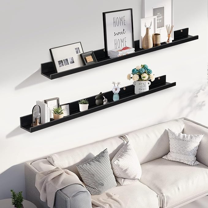 Muzilife 55" Large Floating Wall Ledge Shelves with Lip - Set of 2 Wood Floating Shelves - Black Wall Mounted Picture Ledge for Office, Bathroom, Bedroom, Living Room, Kitchen