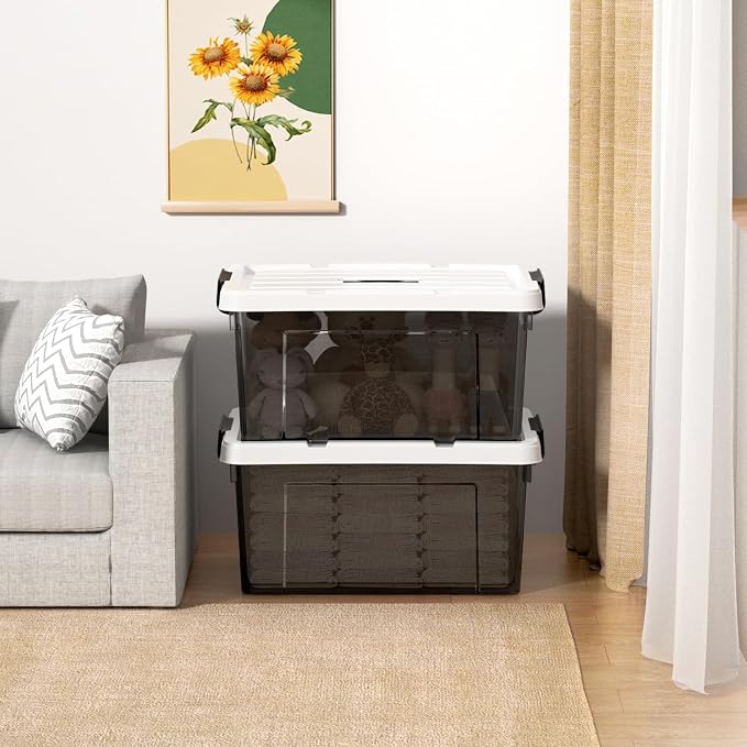 Cetomo Lidded Storage Bin with Handle, Tote Organizing Container with Durable Lid and Secure Latching Buckles, Stackable and Nestable, Plastic, 40 Quart-3 Pack, Clear Black