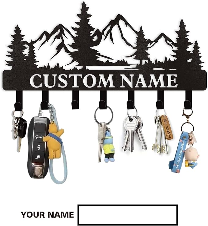 Dyoart Personalized Custom Mountain Theme Key Holder with Name, Metal Wall Mount, Coat Rack, Key Hooks, Home Decor Gift