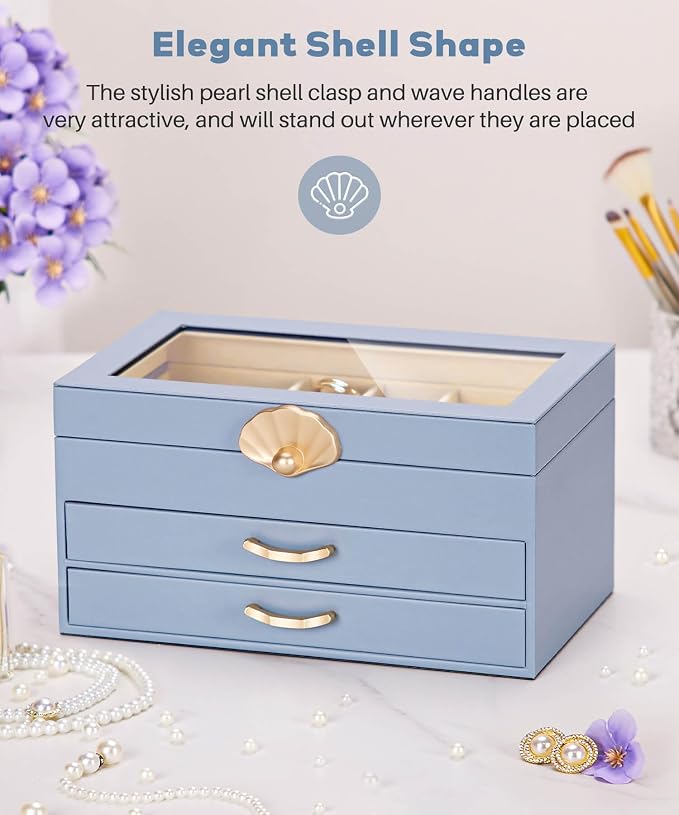 Enthralite Jewelry Box with 2 Drawers: Jewelry Display Organizer for Earrings Necklaces - Gifts for Girls Women (Grey Blue)