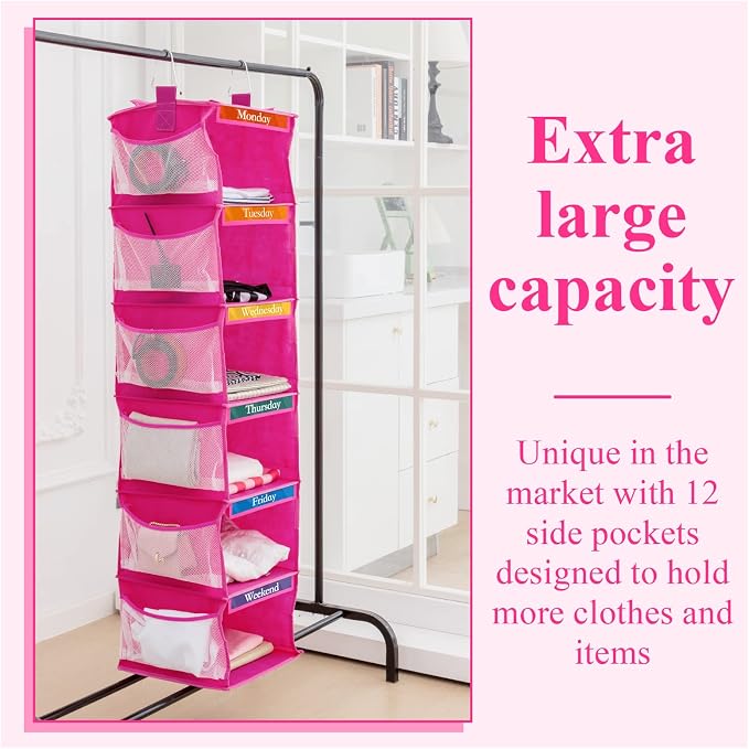 Amylove 2 Pack 6 Shelf Weekly Clothes Organizer for Kids with Side Pocket, 47 Inch Days of the Week Clothes Organizer, Monday to Friday Daily School Outfits Clothing Divider for Kids(Rose Red)