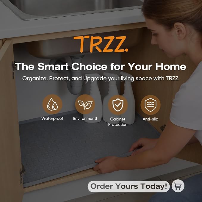 TRZZ Silicone Waterproof Under Sink Mat 22" x 19", Drip Tray and Cabinet Liner for Kitchen and Bathroom, Prevents Water Damage and Organizes Cabinets (Beige)