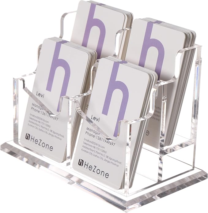 HeZone Business Card Holder Vertical Business Card Display for Desk 4 Slot Acrylic Cards Stand for Women and Men (4 Slot Vertical)