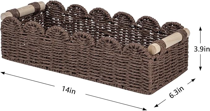 CubesLand Paper Rope Scalloped Edge Shelves Storage Basket, Woven Toilet Paper Baskets for Over Toilet Storage Shelf, Ending Table, Floating Shelves Organizing or Home Décor, with Wood Handle, Brown