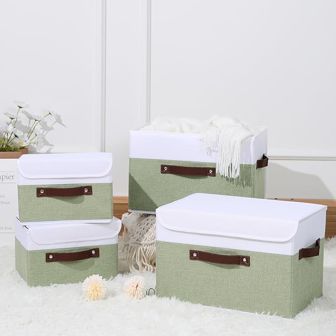ANMINY Storage Boxes with Lids Washable Decorative Storage Bins Basket with PU Leather Handle Foldable Linen Fabric Storage Cubes Containers for Home Closet Organizer - Green White, Medium