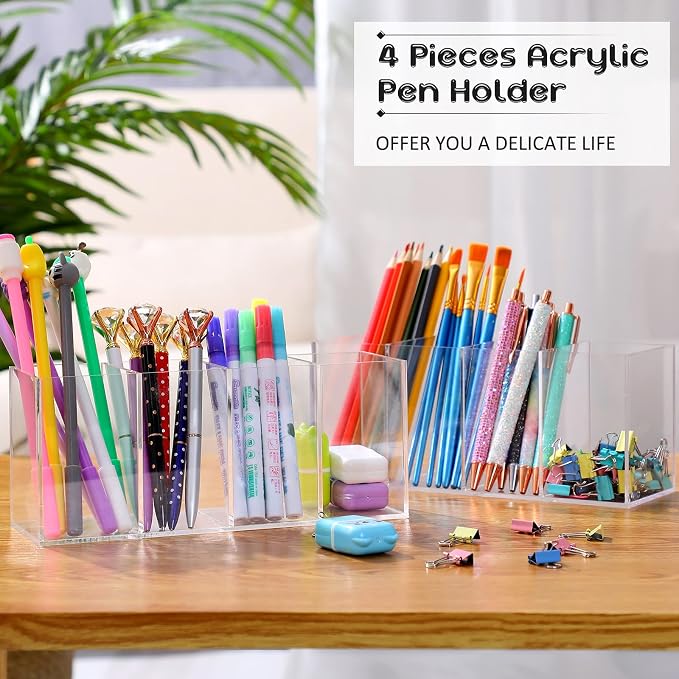 Pajean 4 Pack Acrylic Pencil Holder Back to School 4 Compartments Clear Pen Organizer Makeup Brush Holder Acrylic Pencil Organizer Cup for School Office Home Supplies Desk Accessories