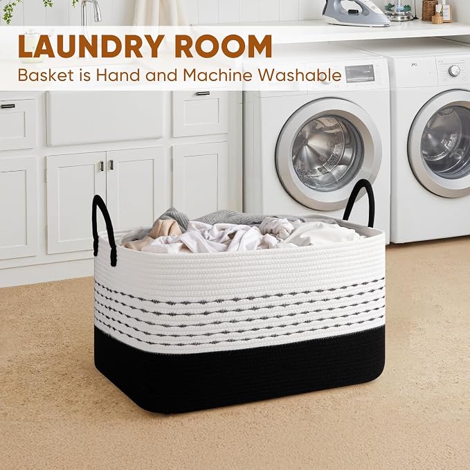 OIASKET 75L Large Cotton Rope Storage Basket, Soft Decorative Blanket Basket for Living Room & Bedroom, Boho Laundry Hamper with Handles Capable of Holding Pillows, Clothes and Toys-Black & White
