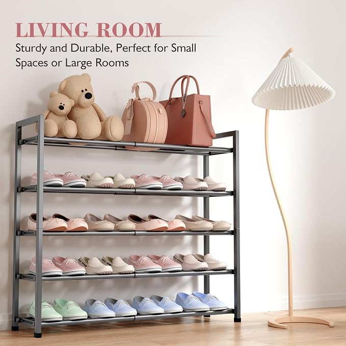 Bumusty 5-Tier Expandable Shoe Rack for Closet, 18“-33” Adjustable Shoe Rack for Small Space, Small Shoe Organizer for Front Door, Sturdy Metal (Grey)
