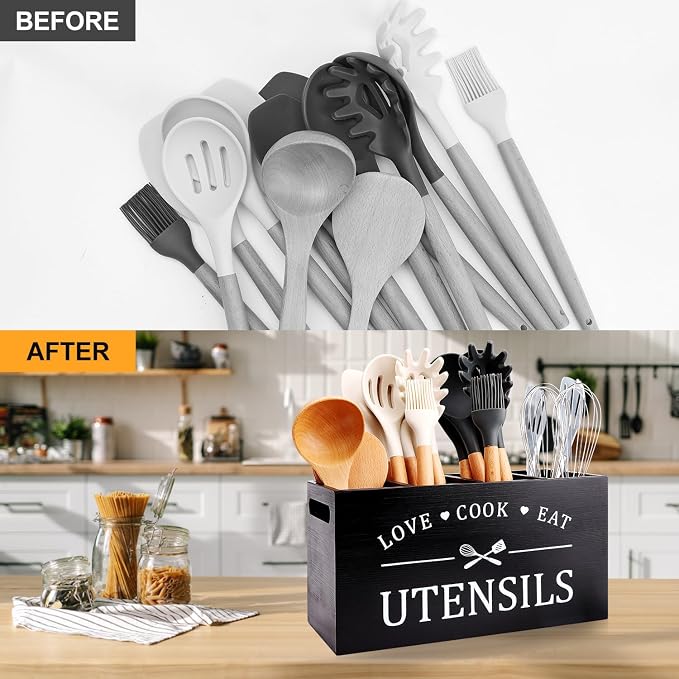 Black Extra Large Wood Cooking Utensil Holder Kitchen Spatula Spoon Holder | Wooden Utensils Caddy for Kitchen Countertop Organizer Rustic Decor Kitchen Counter Tool Holder Farmhouse Utensil Crock