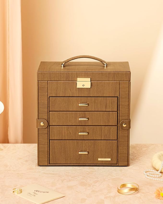 Homde Synthetic Leather Huge Jewelry Box Mirrored Watch Organizer Necklace Ring Earring Storage Lockable Gift Case (Brown + Gold)