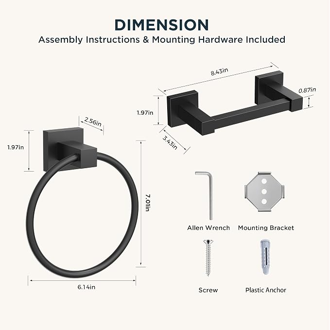 FORIOUS Toilet Paper Holder Wall Mount and Hand Towel Ring Set, SUS 304 Stainless Steel Double Post Pivoting Tissue Roll Holder, Modern Bathroom Hardware Accessories Set, Matte Black