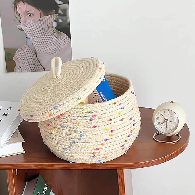 Esme L&H Small Rope Basket with Lid,10x6 Small Round Woven Storage Basket with lid for Organizing, Small Decorative Toy Basket with Colorful Rainbow Pompom, Cute Storage Bin Box for Toys, Gifts…