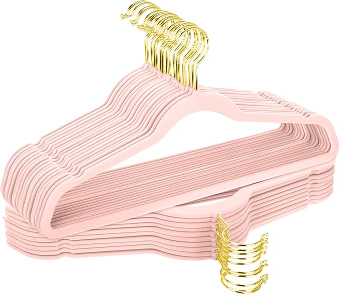 TIMMY 36-Pack Velvet Hangers with Gold Hooks - Space-Saving Non-Slip Heavy-Duty Clothes Hangers for Coats, Suits, Dresses, and Sweaters - Slim Design (Blush Pink+Gold)
