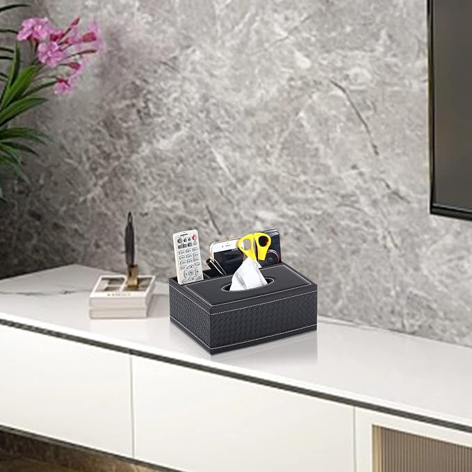 Tissue Box Cover Rectangle Black Tissue Box Holder PU Leather Facial Tissue Organizer,Multifunctional Remote Control Stationery Storage Box,Home Office Supplies Car Napkin Caddy