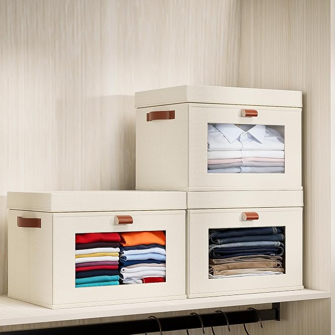 4-Pack Large Storage Bins with Lids,Stackable&Collapsible Closet Storage Bins,Oxford Fabric Organizer Box with Clear Window,Large Decorative Storage Boxes for Closet,Dorm16.5"x11.8"x11"