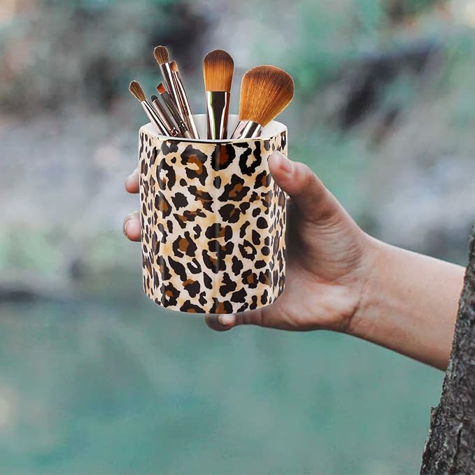 Jwest Pen Holder, Makeup Brush Holder Ceramic Shiny Gold Leopard Cheetah Pattern Animal Pencil Cup for Girls Women Durable Stand Desk Organizer Storage Gift for Office, Classroom, Home Light Brown